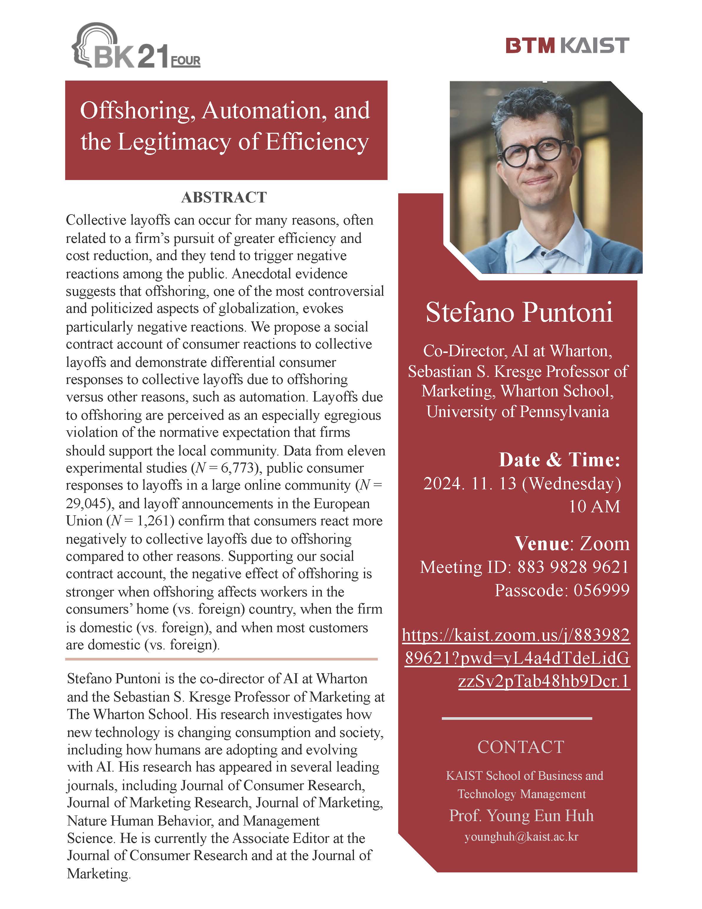 [세미나] KAIST BTM Global Research Seminar(11/13(Wed) 10AM) _ Stefano Puntoni (Co-director, AI at Wharton; Sebastian S. Kresge Professor of Marketing, Wharton School, University of Pennsylvania)